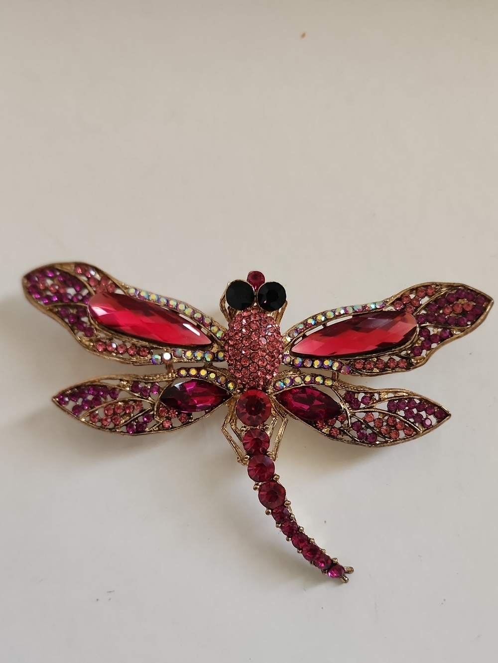Oversized Dragonfly Brooch Pink Fuchsia Crystal Gold Tone Pin